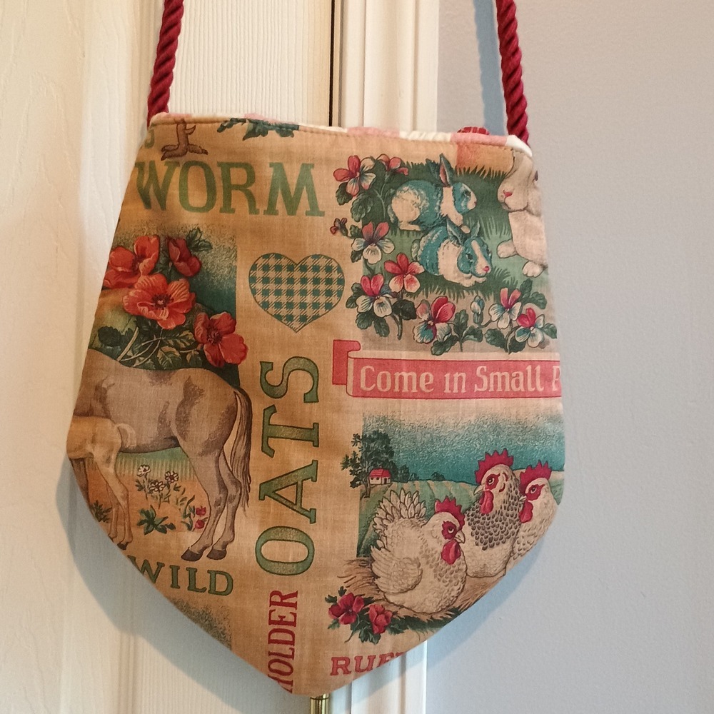Vintage Handmade‎ Farmhouse Feed Sack Print Shoulder Bag Rustic Barnyard Animals - Picture 10 of 13